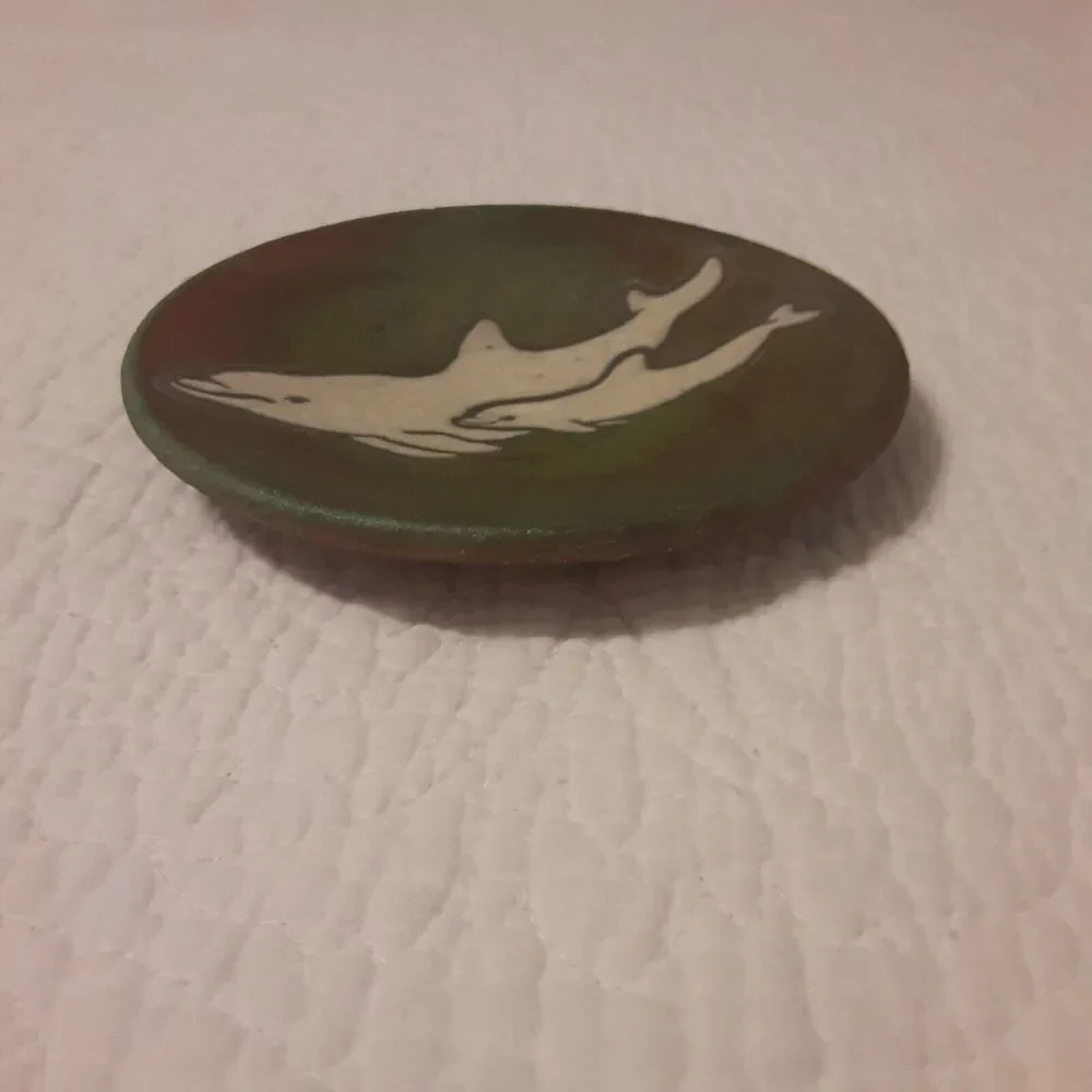 Artist Signed Earthenware Tile Inlay Dolphin Wall Art Plate Iridescent